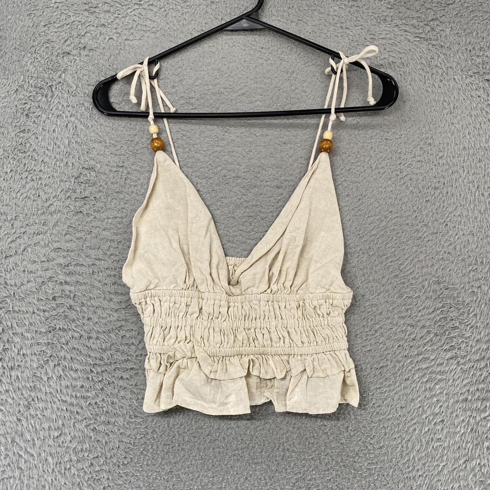 Sim & Sam Crop Tank Top Womens Small Linen Ruffle Boho Beach Babydoll Coastal - Picture 1 of 13